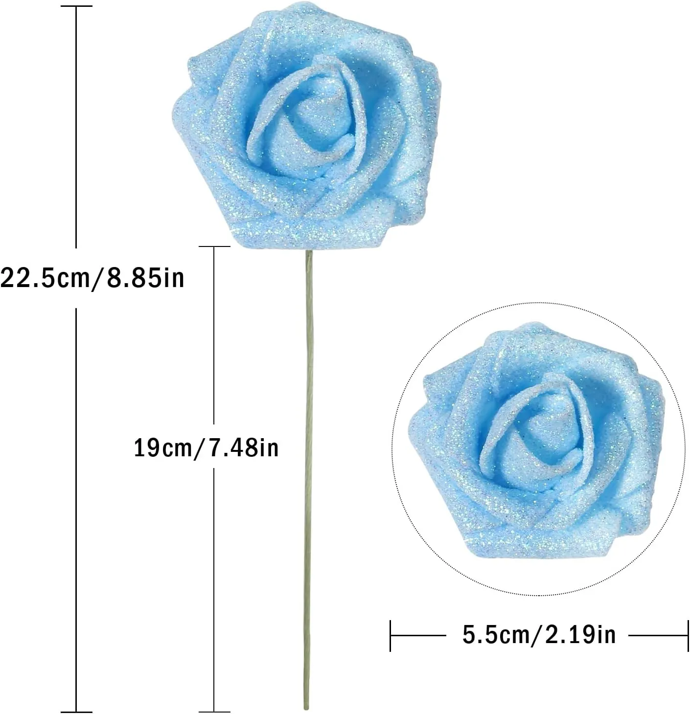 IPOPU Artificial Glitter Roses, 25pcs Foam Glitter Roses Glitter Flowers Foam Rose with Stem for DIY Wedding Bridal Bouquet Home Party Decoration(Light Blue)