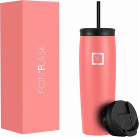 IRON °FLASK Nomad Tumbler - 2 Lids (Straw/Flip), Vacuum Insulated Stainless Steel Bottle, Double Walled, Drinking Cup, Thermos Coffee Travel Mug, Water - Peach, 24 Oz