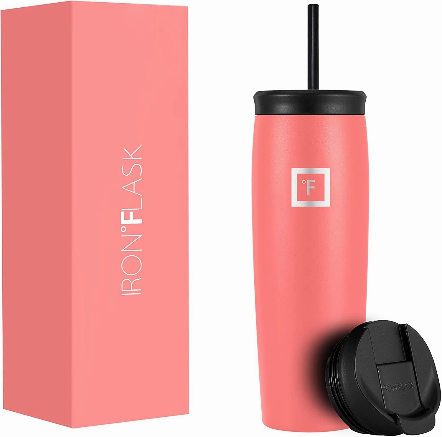 IRON °FLASK Nomad Tumbler - 2 Lids (Straw/Flip), Vacuum Insulated Stainless Steel Bottle, Double Walled, Drinking Cup, Thermos Coffee Travel Mug, Water - Peach, 24 Oz