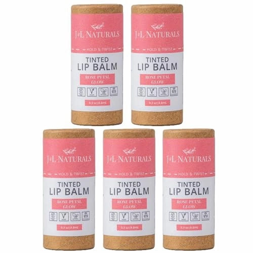 J&L Naturals Tinted Lip Balm | Vegan & Cruelty Free Lip Stain | Zero Waste Makeup | Plastic-Free, Hydrating & Moisturizing Lip Tint | Made in US (Bundle (5-Pack), Rose Petal Glow)