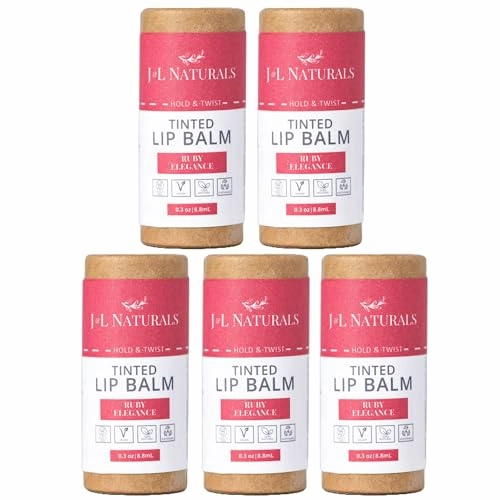 J&L Naturals Tinted Lip Balm | Vegan & Cruelty Free Lip Stain | Zero Waste Makeup | Plastic-Free, Hydrating & Moisturizing Lip Tint | Made in US (Bundle (5-Pack), Ruby Elegance)