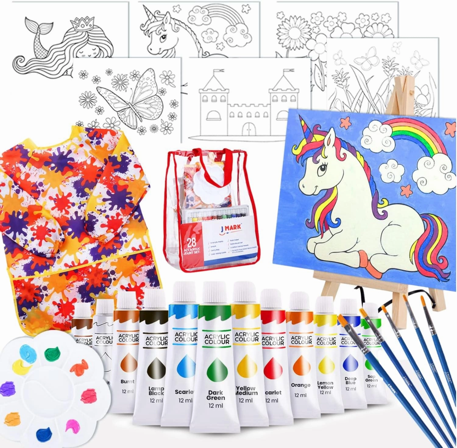 J MARK Kids' Acrylic Painting Kit - Unicorn Castle Theme, 28-Piece Set with Easel, Canvases, Brushes & More, Ages 4-12