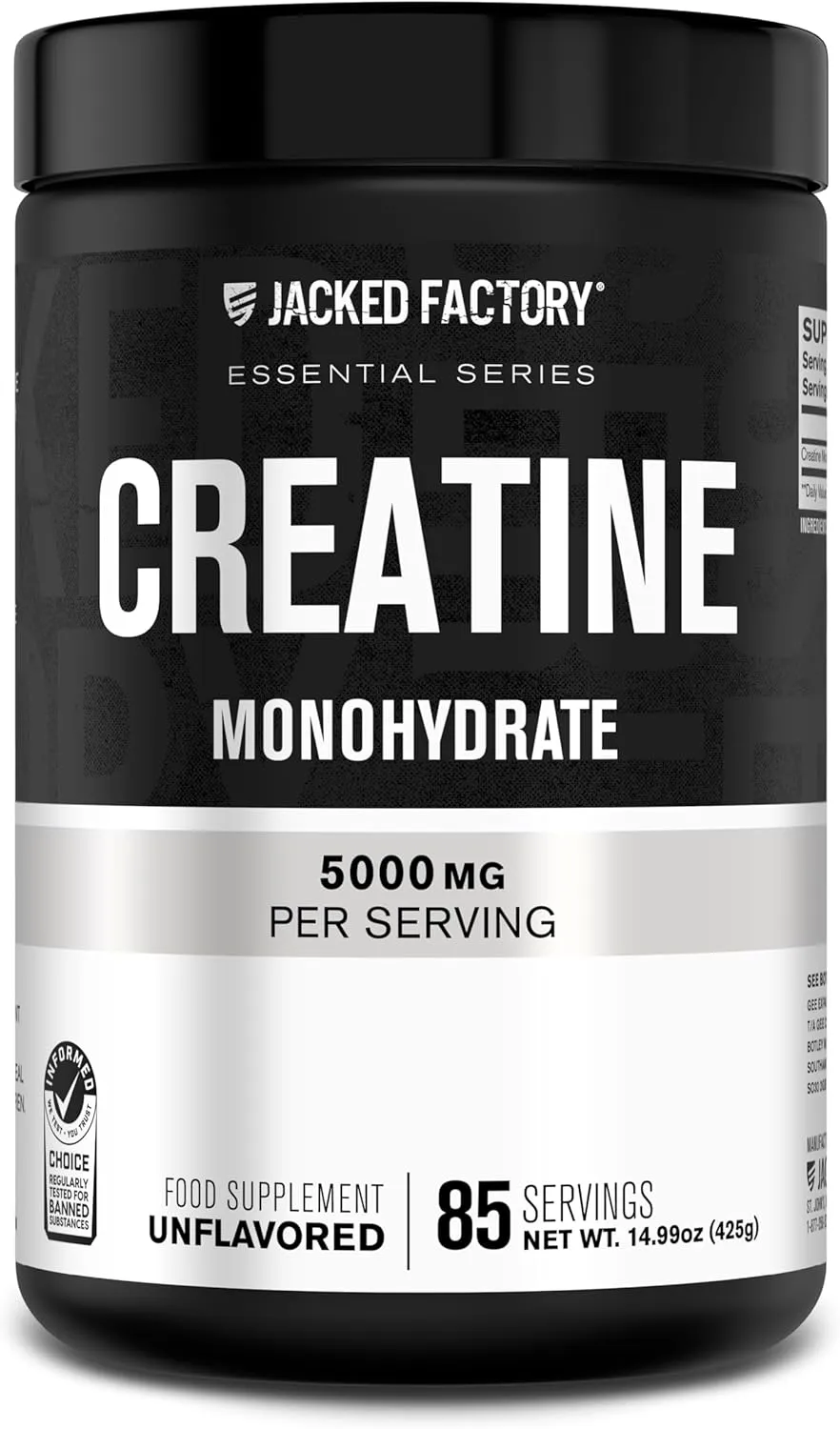 Jacked Factory Creatine Monohydrate Powder 425g - Creatine Supplement for Muscle Growth, Increased Strength, Enhanced Energy Output and Improved Athletic Performance 85 Servings, Unflavored