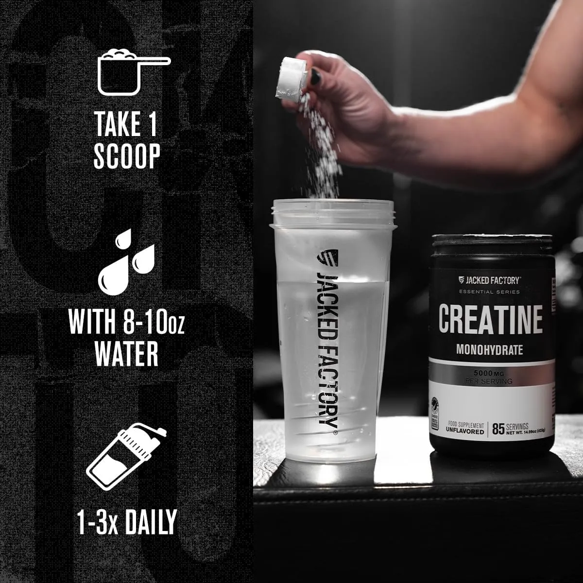 Jacked Factory Creatine Monohydrate Powder 425g - Creatine Supplement for Muscle Growth, Increased Strength, Enhanced Energy Output and Improved Athletic Performance 85 Servings, Unflavored