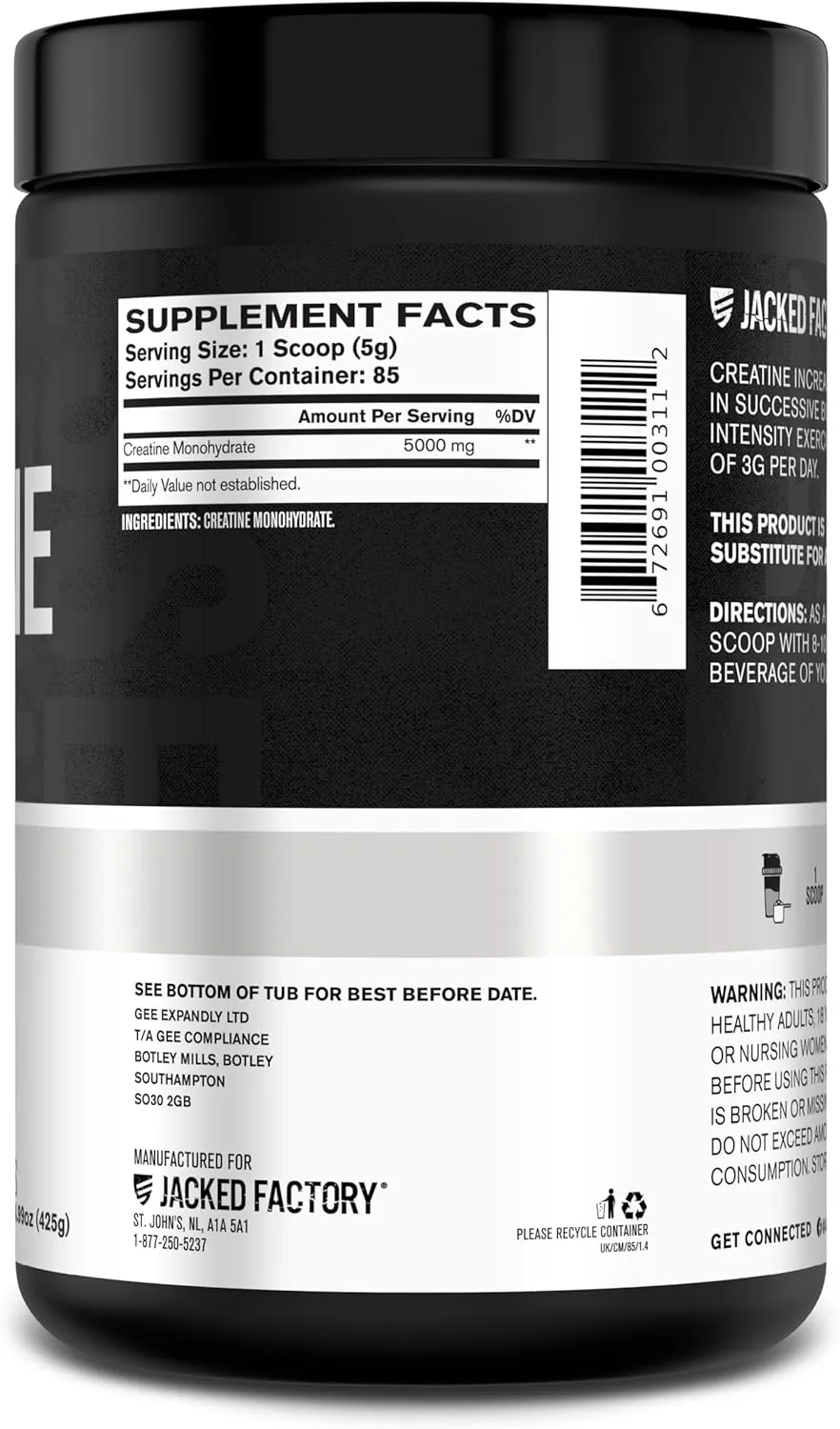 Jacked Factory Creatine Monohydrate Powder 425g - Creatine Supplement for Muscle Growth, Increased Strength, Enhanced Energy Output and Improved Athletic Performance 85 Servings, Unflavored