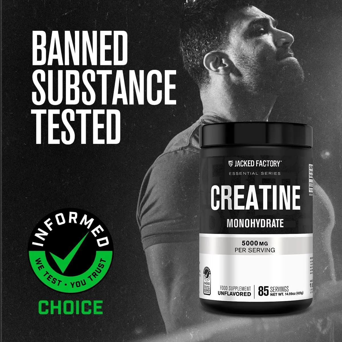 Jacked Factory Creatine Monohydrate Powder 425g - Creatine Supplement for Muscle Growth, Increased Strength, Enhanced Energy Output and Improved Athletic Performance 85 Servings, Unflavored