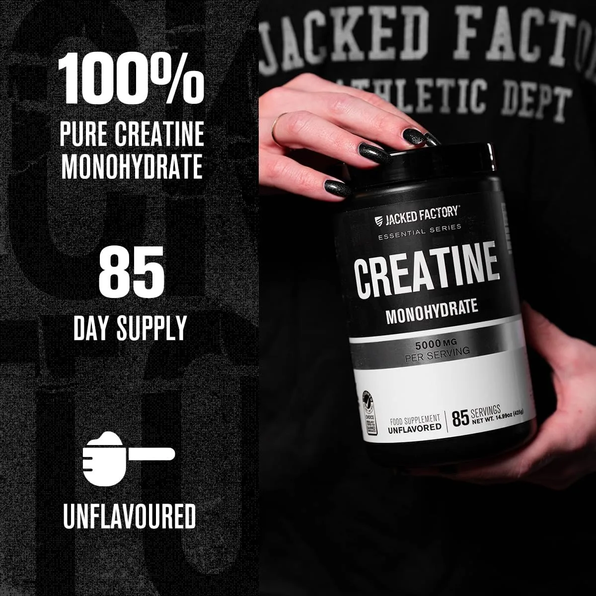 Jacked Factory Creatine Monohydrate Powder 425g - Creatine Supplement for Muscle Growth, Increased Strength, Enhanced Energy Output and Improved Athletic Performance 85 Servings, Unflavored