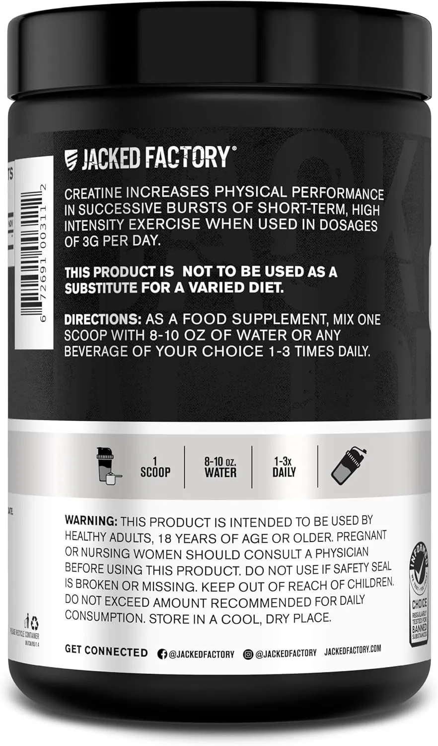 Jacked Factory Creatine Monohydrate Powder 425g - Creatine Supplement for Muscle Growth, Increased Strength, Enhanced Energy Output and Improved Athletic Performance 85 Servings, Unflavored