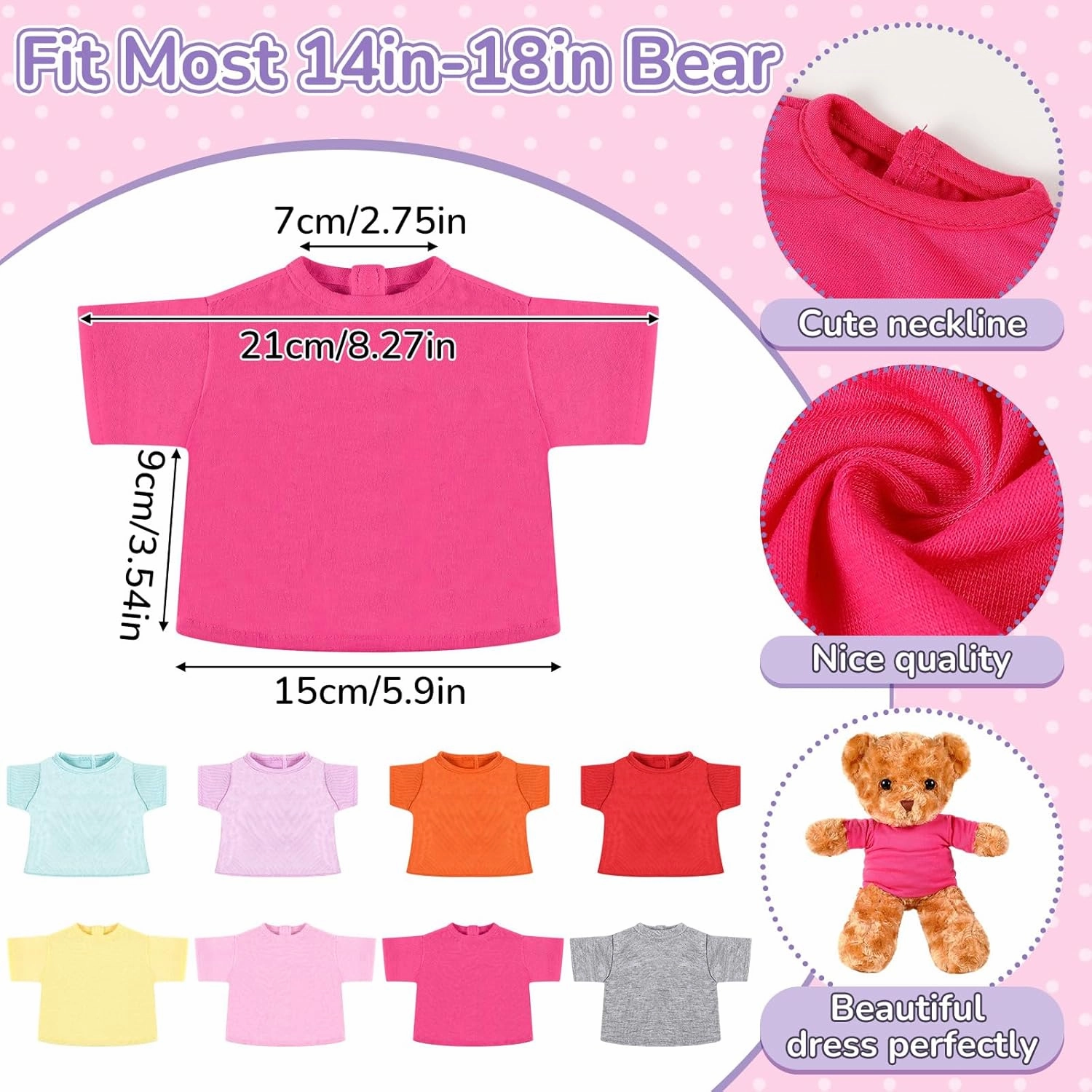 Jecery 8 Pcs Colorful Bear Clothes Tee Shirt Fit 14-18 Inches Bears Sublimation Stuffed Cute Tiny DIY Toy Make Your Own Plush Doll(Light)