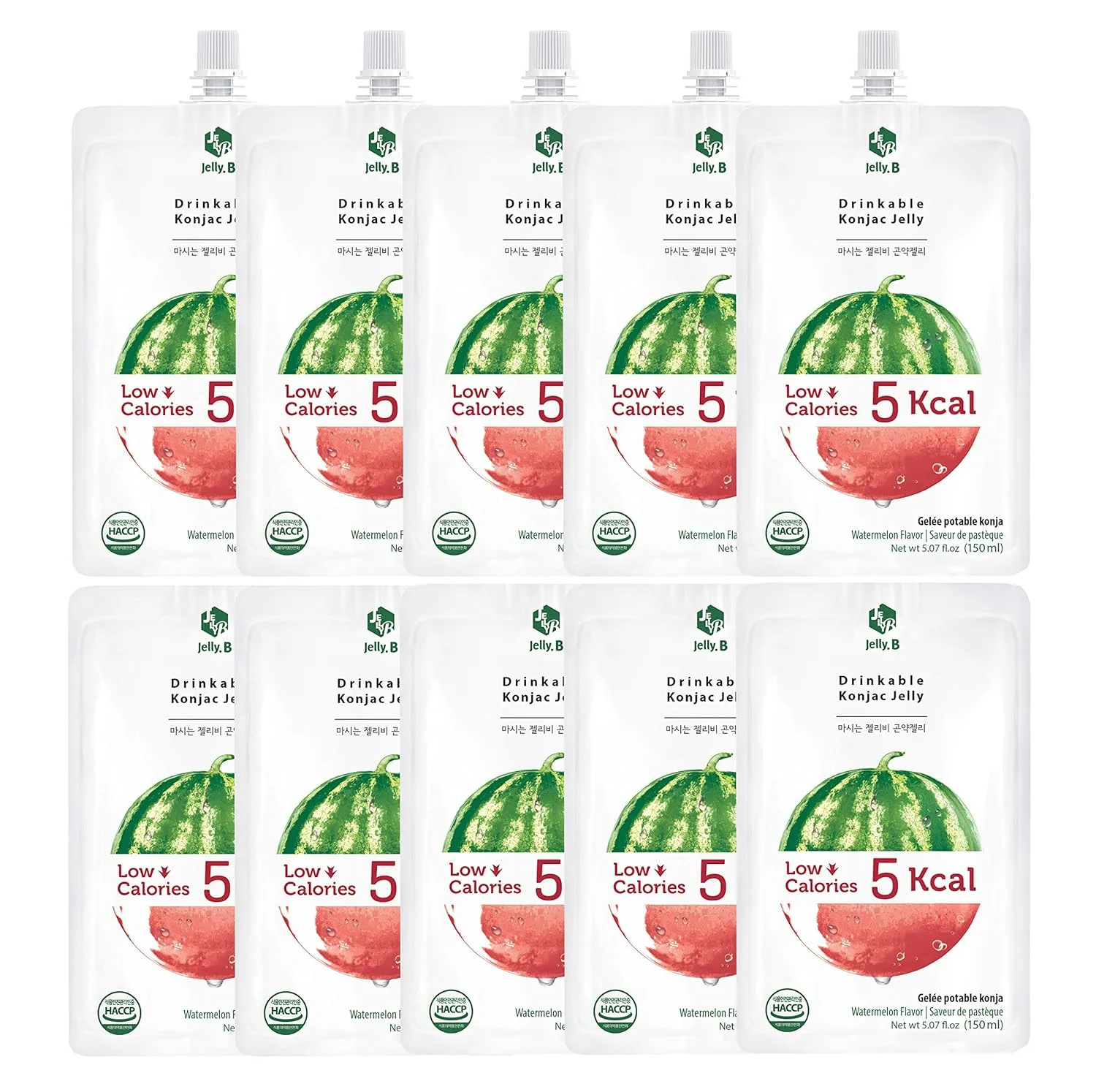 JELLY B Drinkable Konjac Jelly (10 Packs of 150ml) - Healthy and Natural Weight Loss Diet Supplement Foods, 0 Gram Sugar, Low Calorie, Only 5 kcal Each Packets, (Watermelon)