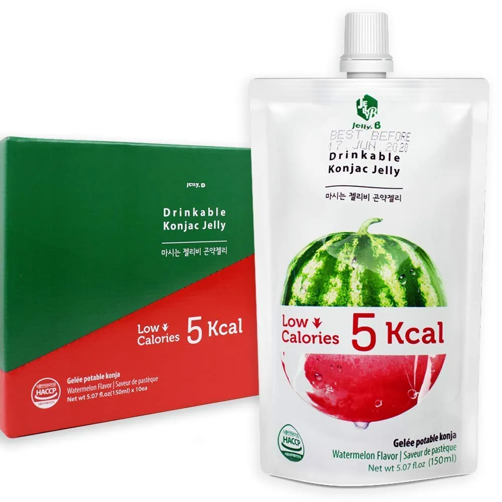 JELLY B Drinkable Konjac Jelly (10 Packs of 150ml) - Healthy and Natural Weight Loss Diet Supplement Foods, 0 Gram Sugar, Low Calorie, Only 5 kcal Each Packets, (Watermelon)