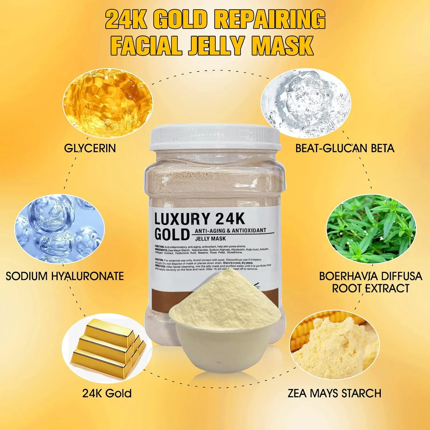 Jelly Mask Powder for Facials, 24K Gold Anti Aging Jelly Face Mask, Professional Peel Off Hydro Face Mask Powder for Fight Fine Lines, Dullness & Uneven Skin Tone, DIY SPA 23 FLOZ Mask Powder