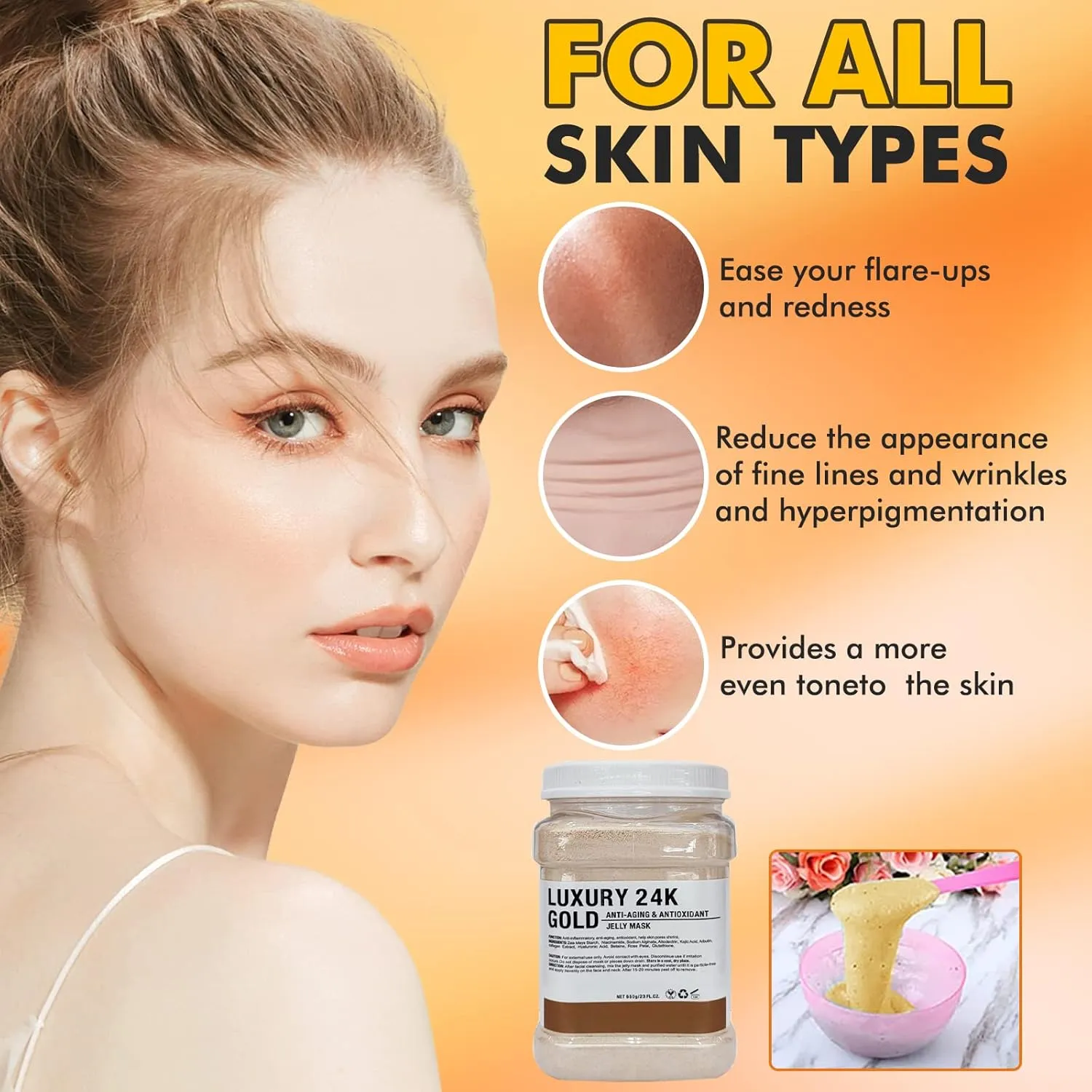 Jelly Mask Powder for Facials, 24K Gold Anti Aging Jelly Face Mask, Professional Peel Off Hydro Face Mask Powder for Fight Fine Lines, Dullness & Uneven Skin Tone, DIY SPA 23 FLOZ Mask Powder