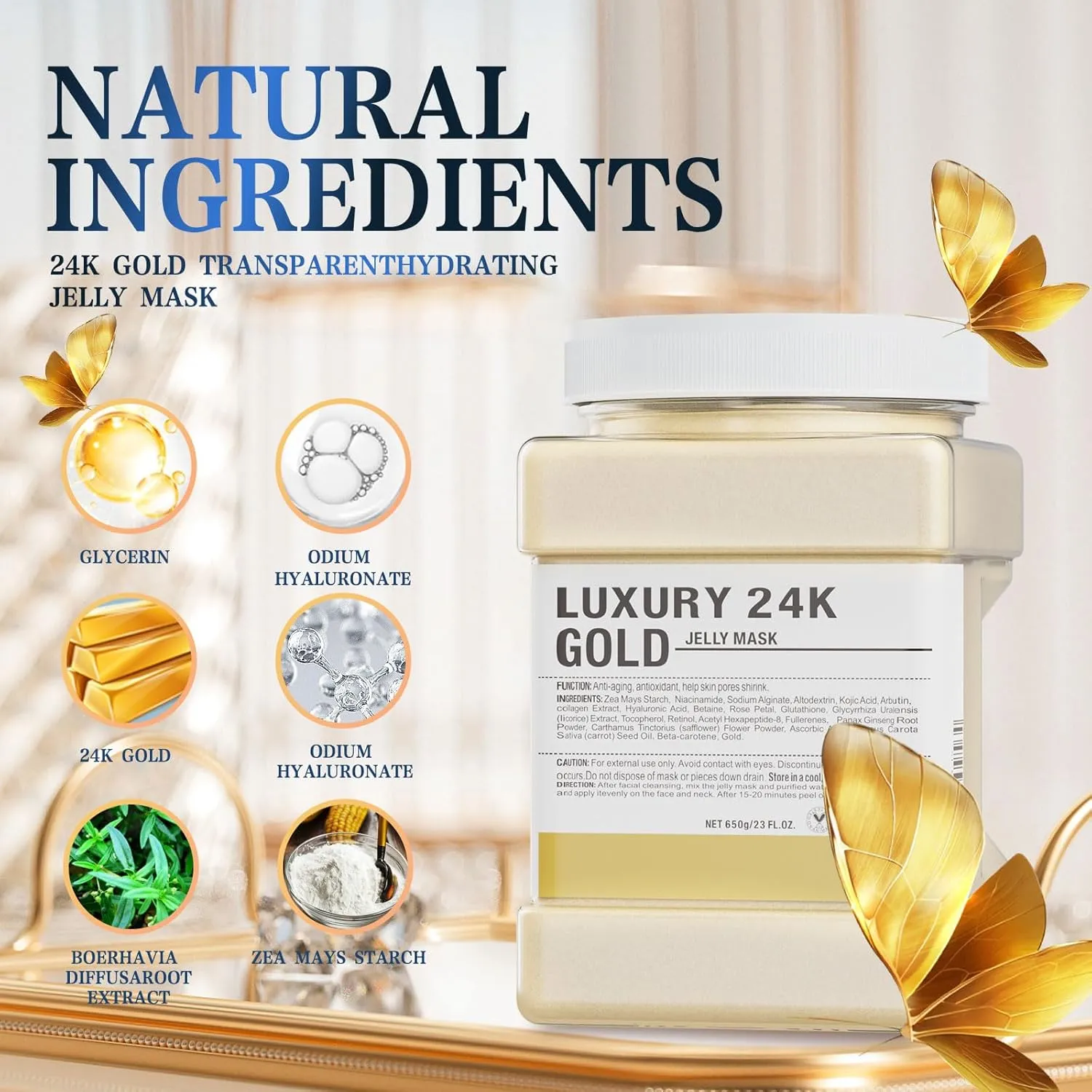 Jelly Mask Powder for Facials,24K Gold Anti-Aging & Firming Jelly Face Mask Hydrating Brighten Professional Peel Off Hydro Face Mask Powder DIY Spa Salon 23 Fl Oz Jar