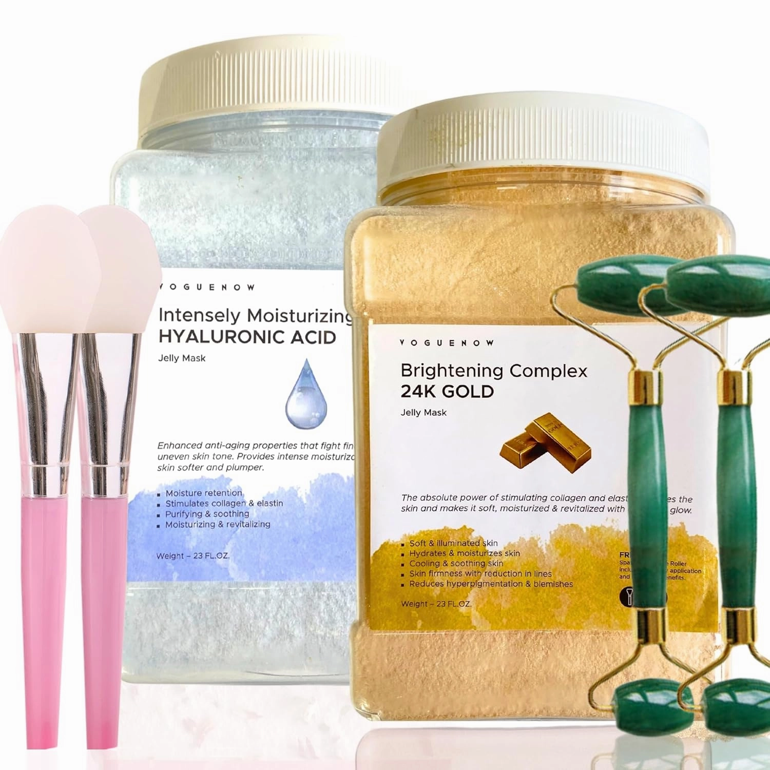 Jelly Face Mask for Facials - 24K Gold   Hyaluronic Acid (Pack of 2) - Hydrating Glowing & Nourishing - Free Jade Roller & Spatula - Professional Hydrojelly Masks -Perfect for Vajacial - 46 Oz Jar
