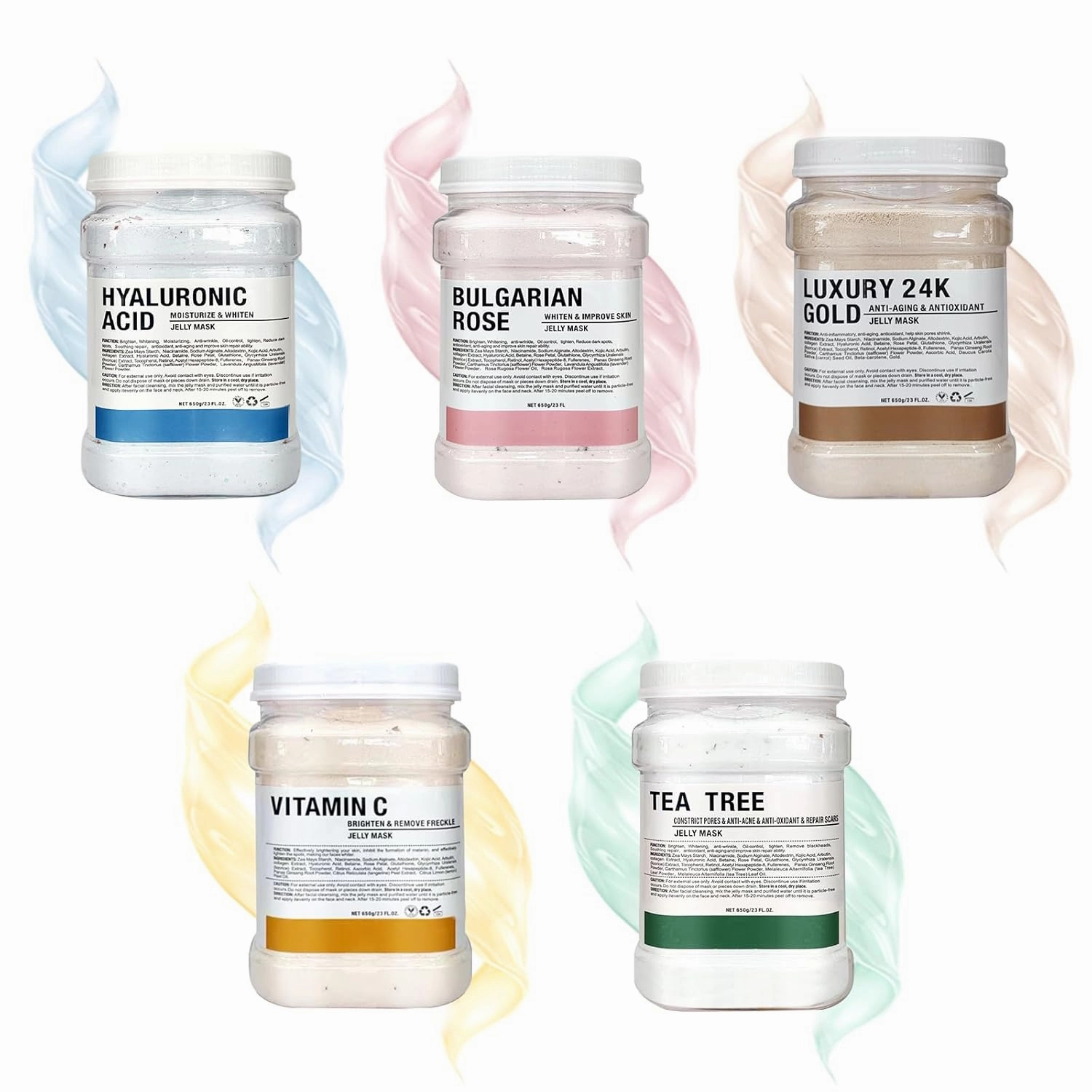 Jelly Mask for Facials Professional Hydrating Deep Cleaning Face Mask Set - 115Fl Oz 5 Treatments (Hyaluronic Acid,Bulgari Rose,24K Gold,VC Essence,Tea tree)