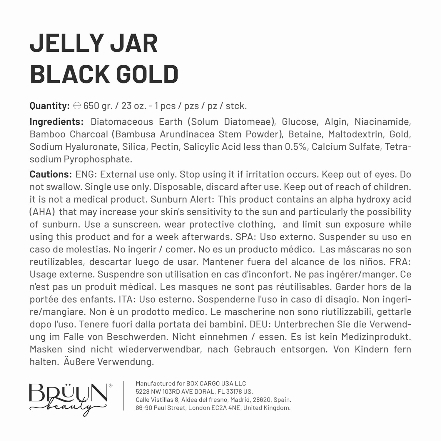 Jelly Mask Jar Black Gold Salicylic AC BHA Peel-Off Face Care Rubber Mask | 23 fl oz Skin Care Moisturizing Gel Mask Jar Spa Set