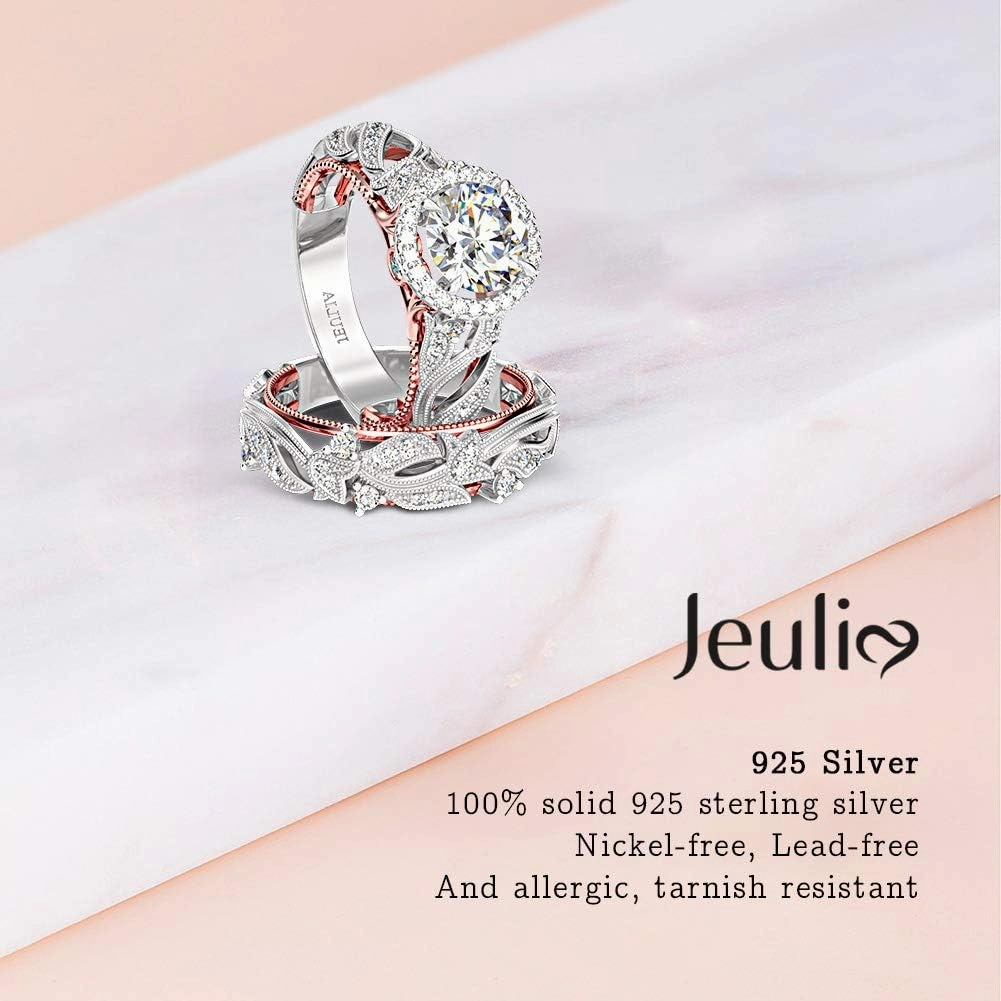 Jeulia 4 Carat Openwork Ring Sets for Women 925 Sterling Silver Wedding Sets Rose Gold Round Cut Halo Engagement Ring White Diamond band CZ Solitaire Anniversary Promise Rings