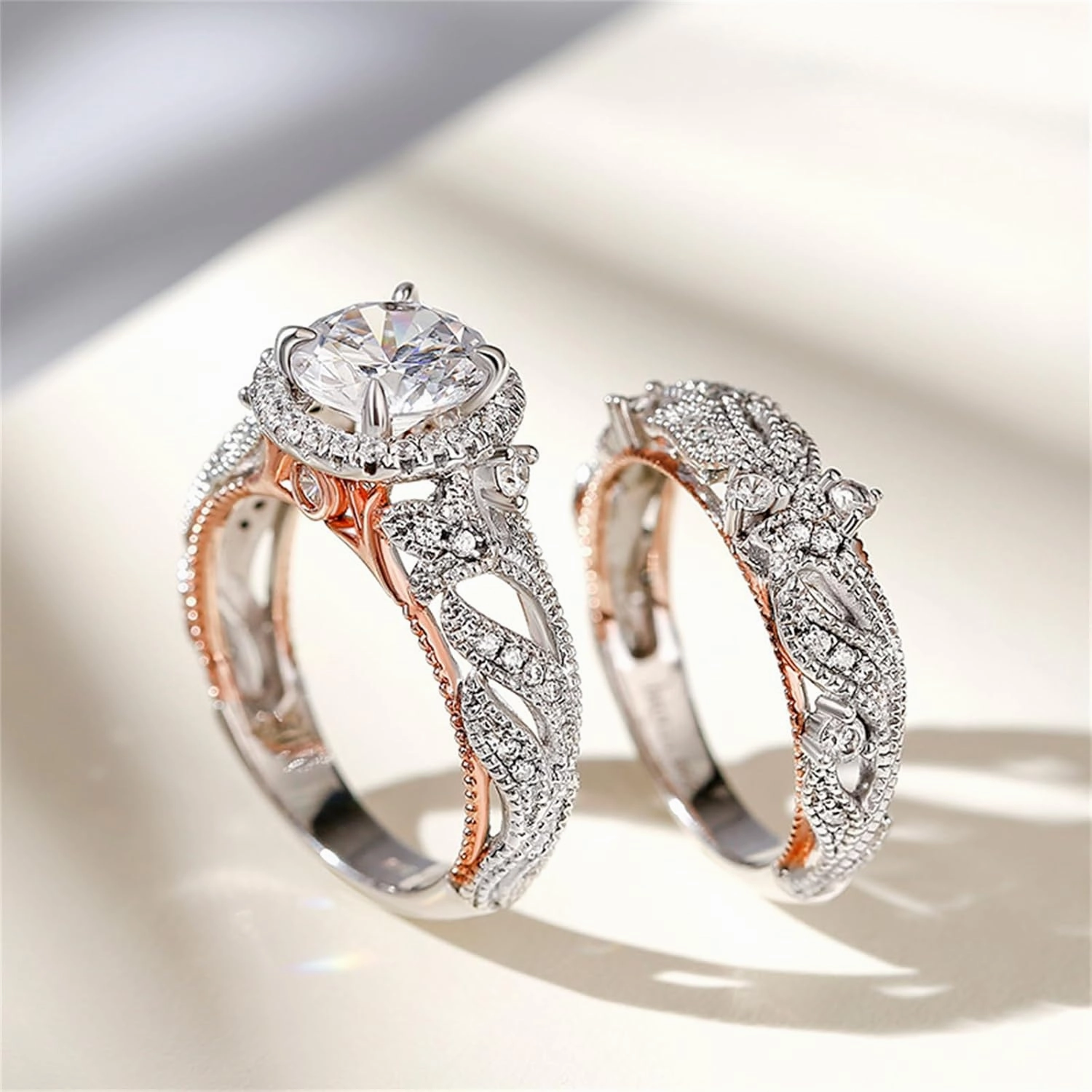 Jeulia 4 Carat Openwork Ring Sets for Women 925 Sterling Silver Wedding Sets Rose Gold Round Cut Halo Engagement Ring White Diamond band CZ Solitaire Anniversary Promise Rings