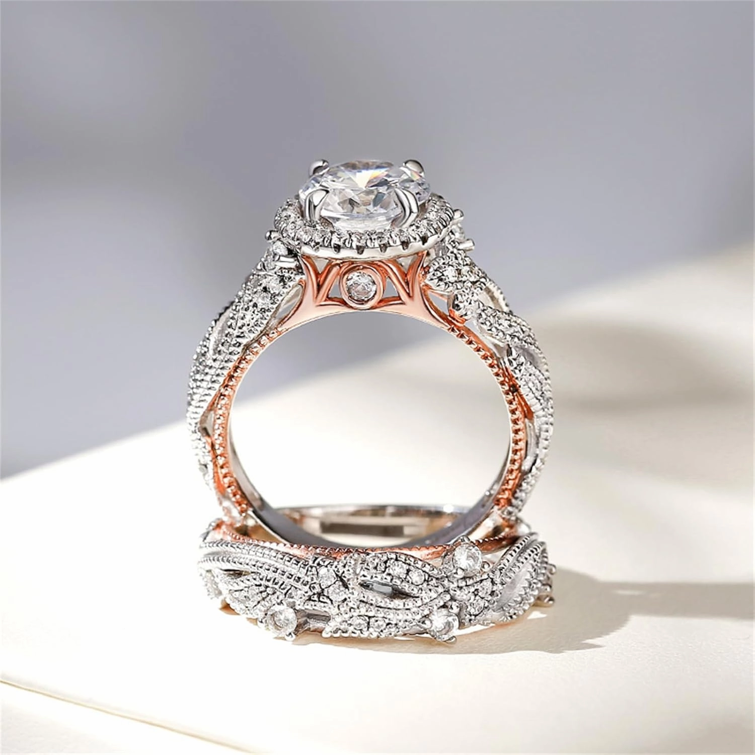 Jeulia 4 Carat Openwork Ring Sets for Women 925 Sterling Silver Wedding Sets Rose Gold Round Cut Halo Engagement Ring White Diamond band CZ Solitaire Anniversary Promise Rings