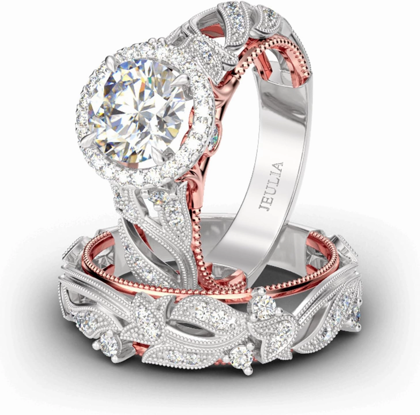 Jeulia 4 Carat Openwork Ring Sets for Women 925 Sterling Silver Wedding Sets Rose Gold Round Cut Halo Engagement Ring White Diamond band CZ Solitaire Anniversary Promise Rings