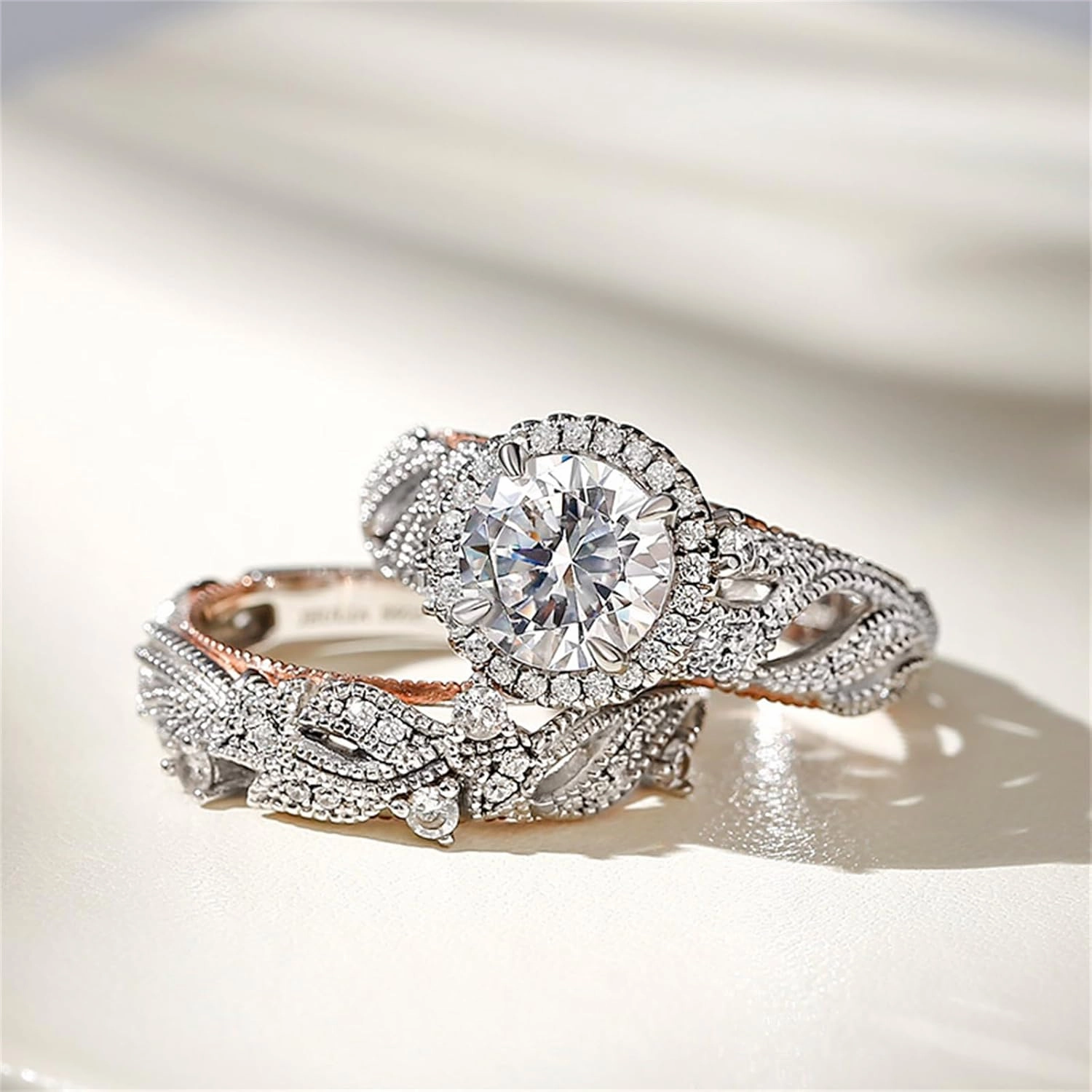 Jeulia 4 Carat Openwork Ring Sets for Women 925 Sterling Silver Wedding Sets Rose Gold Round Cut Halo Engagement Ring White Diamond band CZ Solitaire Anniversary Promise Rings