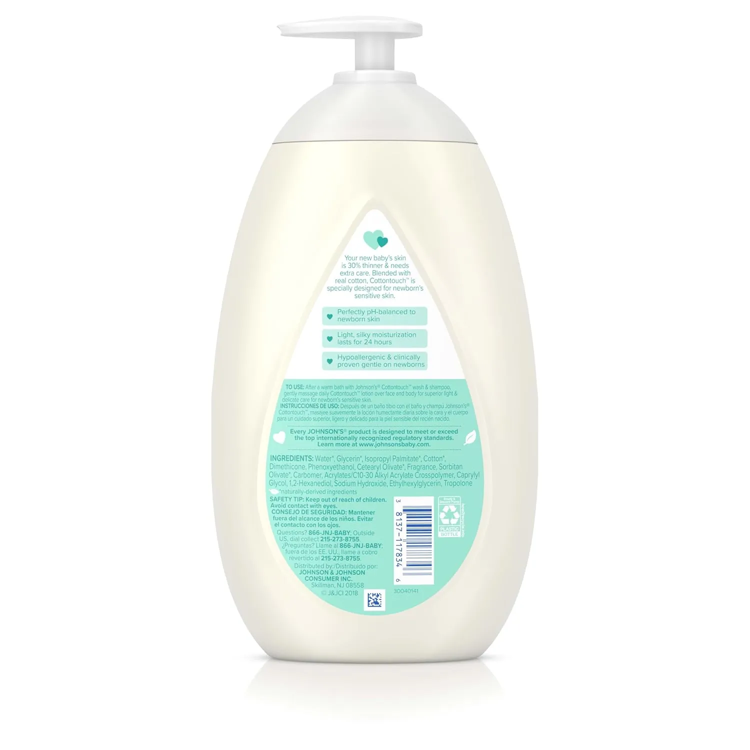 Johnson's CottonTouch Newborn Baby Face and Body Lotion, Hypoallergenic Moisturization for Baby's Skin, Made with Real Cotton, Paraben-Free, Sulfate-Free, Dye-Free, 27.1 fl. oz