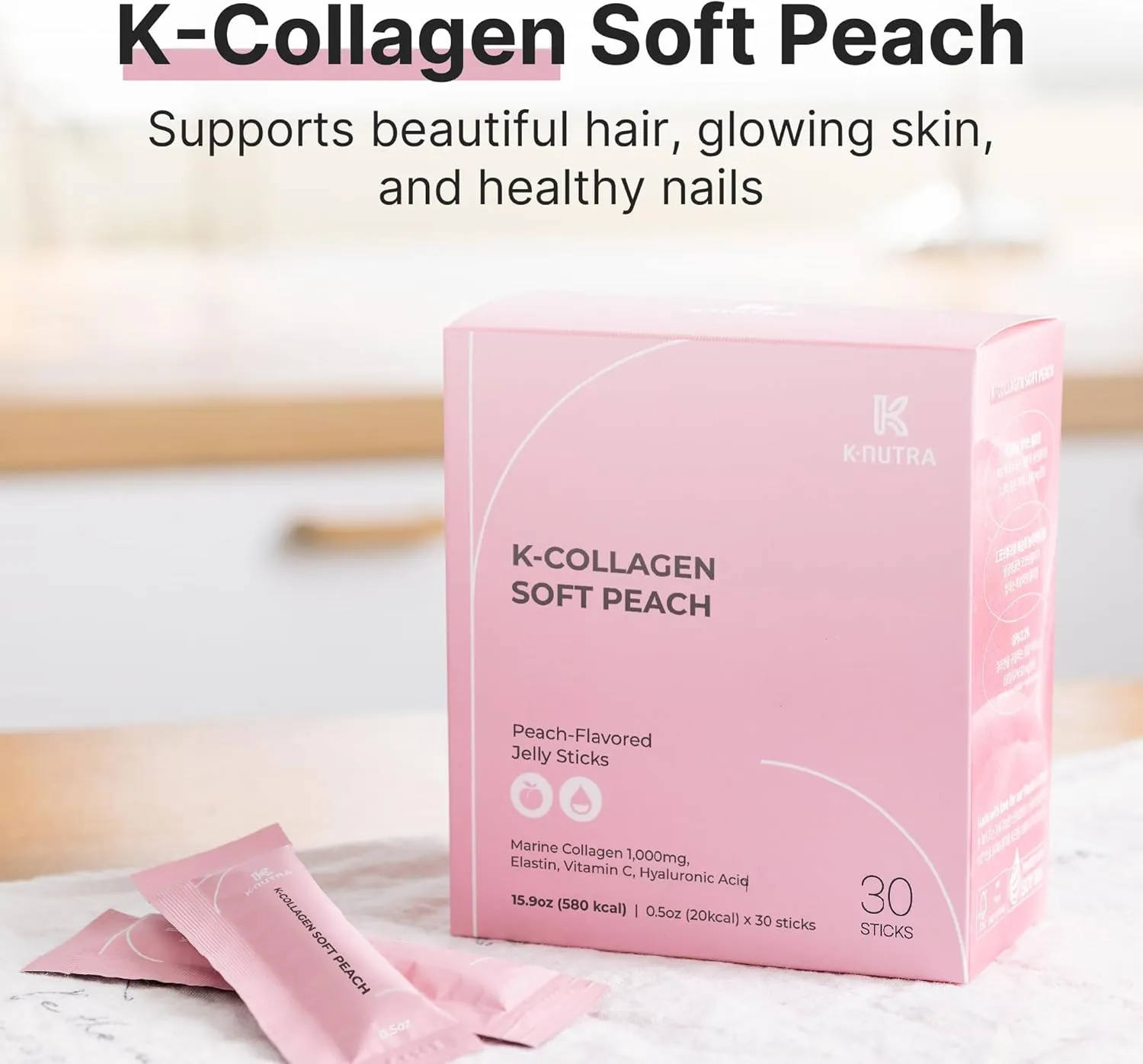 K-Nutra K-Collagen Soft Peach | 15.9oz (30 Sticks) | Marine Collagen with Vitamin C | Supports Skin, Hair & Nail Health | Tasty Jelly, Fast Absorption