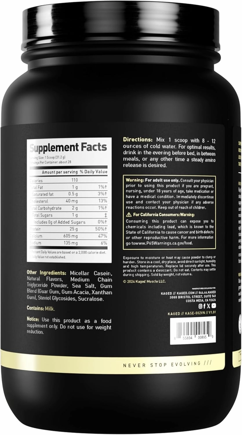 Kaged Premium Casein Protein Powder Vanilla Micellar Casein Banned-Substance Free Supplement Build Muscle and Recover Faster Kasein 27 Servings