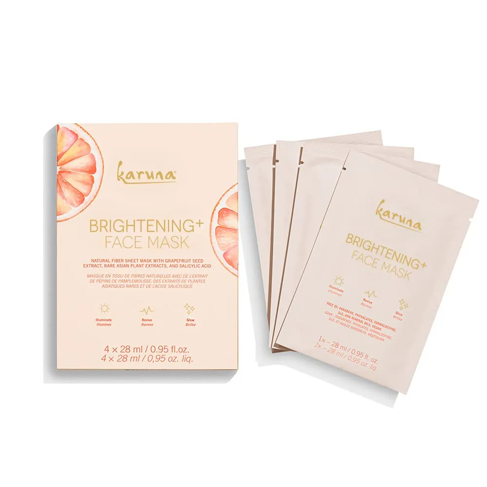 Karuna Skin - Brightening  Sheet Masks for Radiant Skin, Hydrating Face Mask Skin Care Essential, Face Mask with Grapefruit Seed & Rare Asian Plant Extracts Plus Salicylic Acid, 4 Sheets per Pack