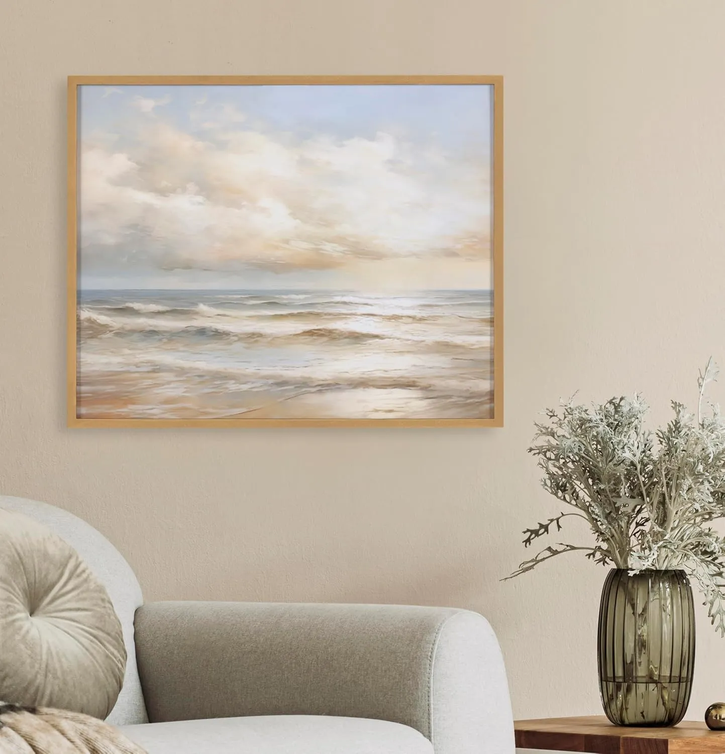 Kate and Laurel Beach Waves Sunset Cloud Landscape Framed Wall Art by The Creative Bunch Studio, 20x16 Gold, Modern Ocean Waves Art for Wall