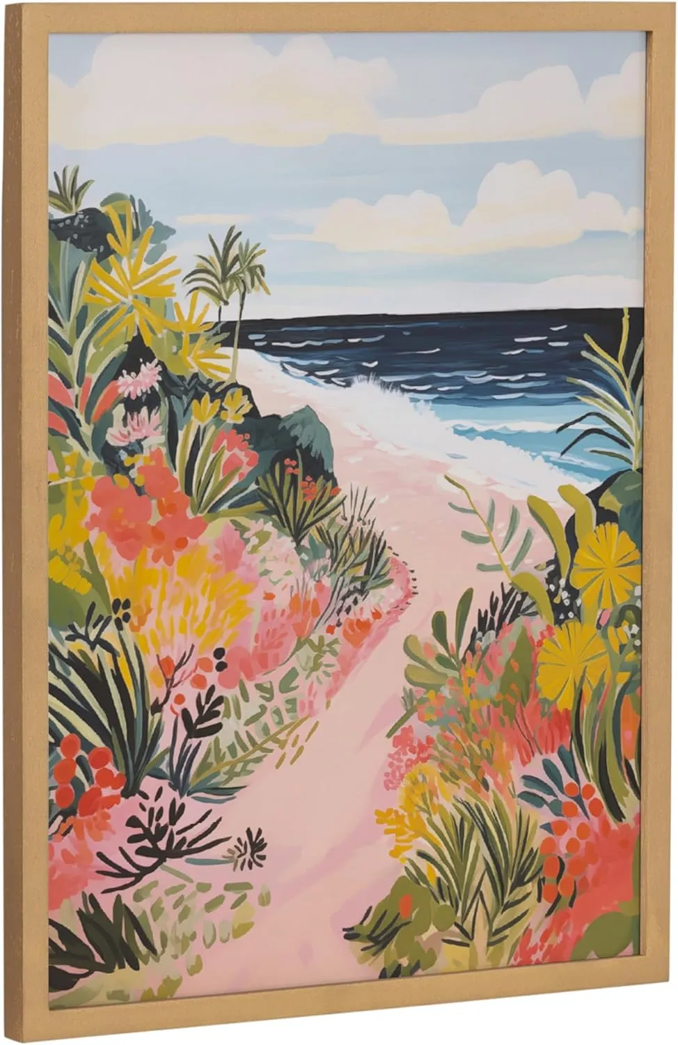 Kate and Laurel Tropical Bright Ocean Path Landscape Framed Wall Art by The Creative Bunch Studio, 12x16 Gold, Coastal Beach Landscape Art for Wall