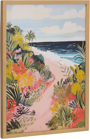 Kate and Laurel Tropical Bright Ocean Path Landscape Framed Wall Art by The Creative Bunch Studio, 12x16 Gold, Coastal Beach Landscape Art for Wall