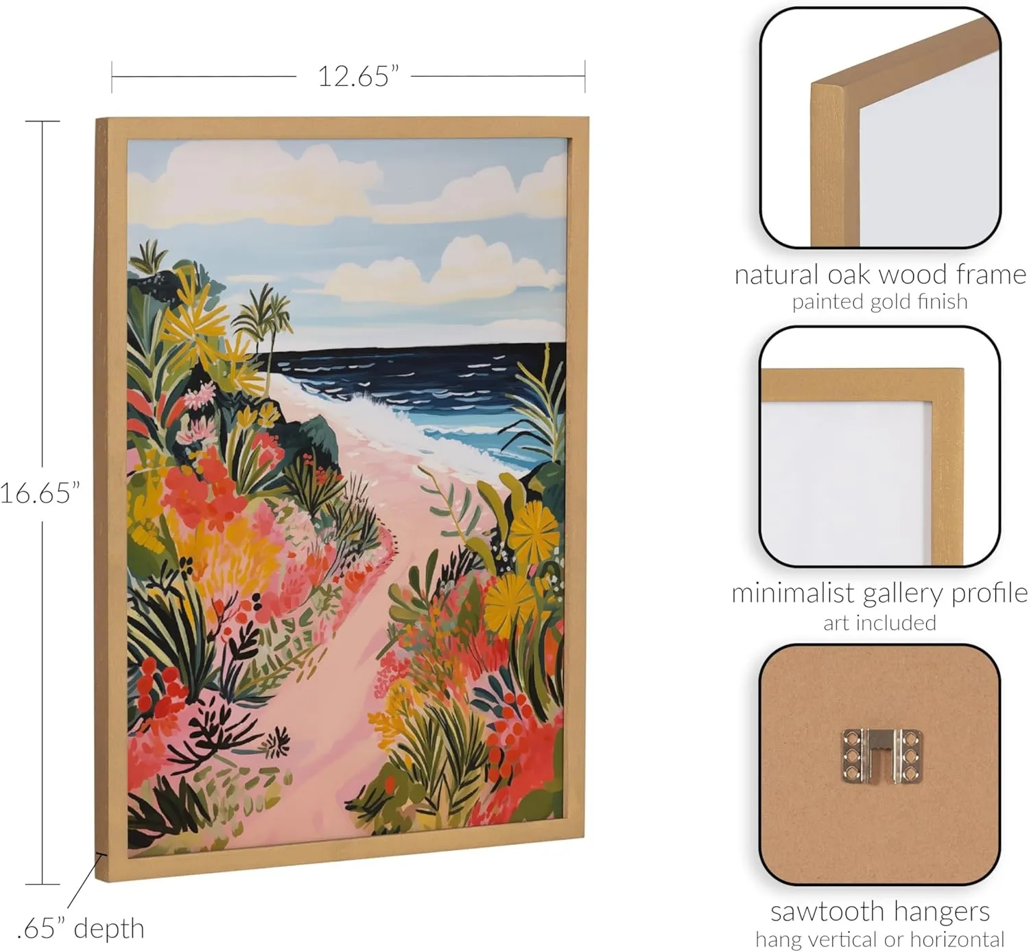 Kate and Laurel Tropical Bright Ocean Path Landscape Framed Wall Art by The Creative Bunch Studio, 12x16 Gold, Coastal Beach Landscape Art for Wall