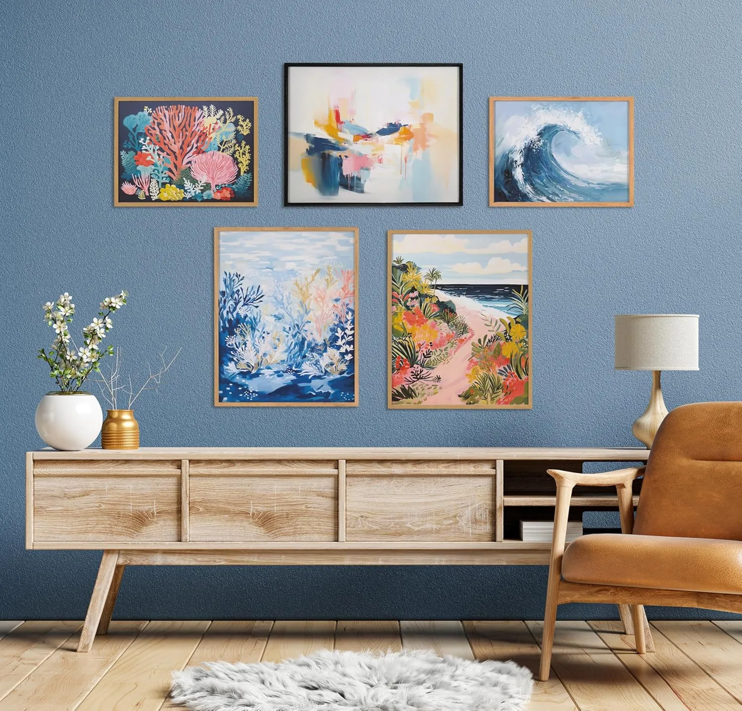 Kate and Laurel Tropical Bright Ocean Path Landscape Framed Wall Art by The Creative Bunch Studio, 12x16 Gold, Coastal Beach Landscape Art for Wall