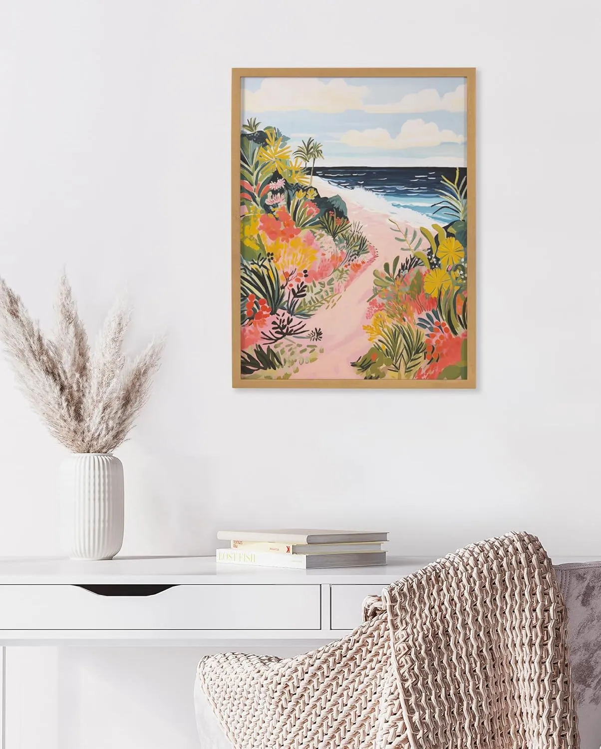 Kate and Laurel Tropical Bright Ocean Path Landscape Framed Wall Art by The Creative Bunch Studio, 12x16 Gold, Coastal Beach Landscape Art for Wall