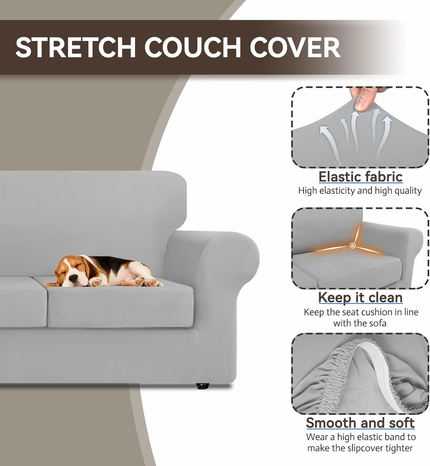 KEKUOU 4 Pieces Stretch Couch Covers for 3 Cushion Couch Sofa pet Friendly， Sofa Covers Washable Soft Elastic Dogs Furniture Protector(Sofa,Silver)