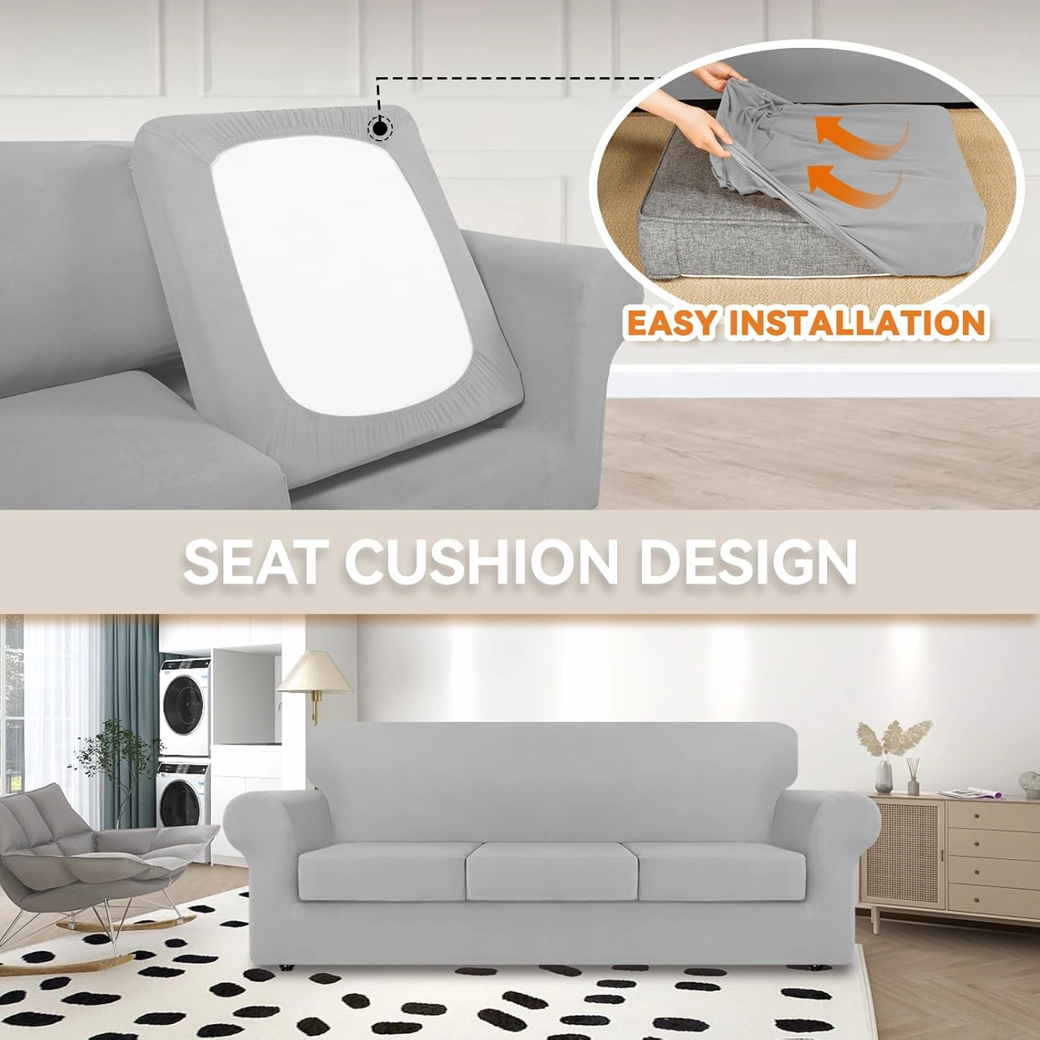 KEKUOU 4 Pieces Stretch Couch Covers for 3 Cushion Couch Sofa pet Friendly， Sofa Covers Washable Soft Elastic Dogs Furniture Protector(Sofa,Silver)