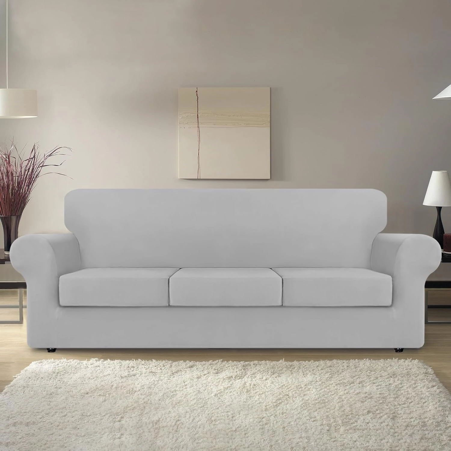 KEKUOU 4 Pieces Stretch Couch Covers for 3 Cushion Couch Sofa pet Friendly， Sofa Covers Washable Soft Elastic Dogs Furniture Protector(Sofa,Silver)