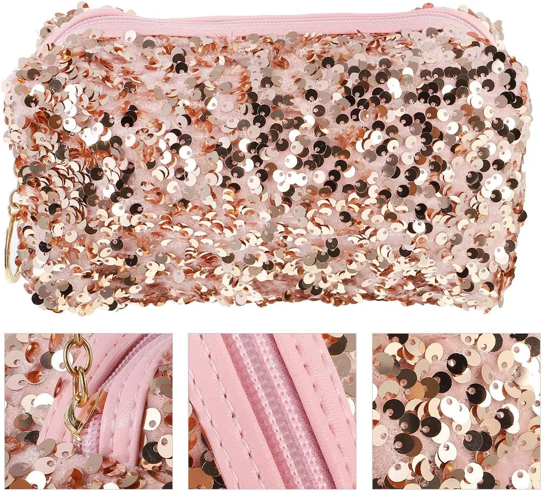KESYOO Sequin Pouch 1pc Sequin Cosmetic Bag Cosmetic Storage Bag Inserts Glitter Pencil Pouch Lip Gloss Organizer Makeup Storage Bag Makeup Bag Toiletry Gold Rose Makeup Set Zipper Travel