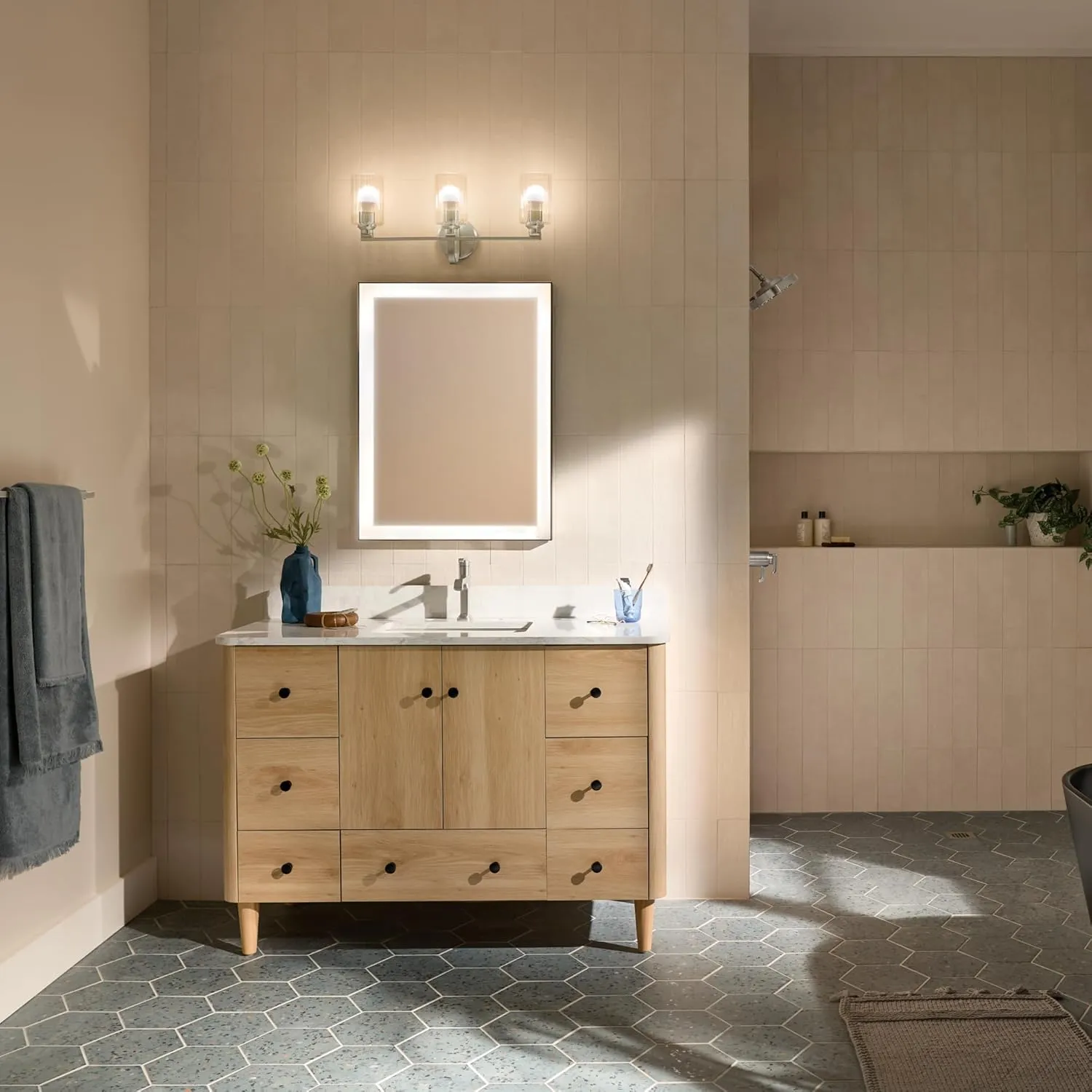 Kichler Gioe 24.25" 3-Light Vanity Light with Clear Fluted Glass in Brushed Nickel, Damp Rated, for Bathroom, Powder Room, Over a Mirror, (24.25" W x 10.5" H), 55226NIFLU