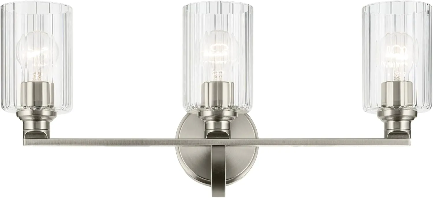 Kichler Gioe 24.25" 3-Light Vanity Light with Clear Fluted Glass in Brushed Nickel, Damp Rated, for Bathroom, Powder Room, Over a Mirror, (24.25" W x 10.5" H), 55226NIFLU