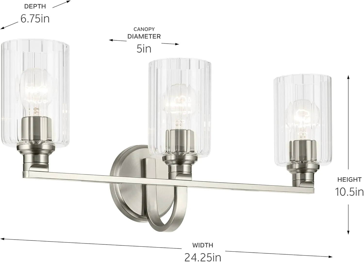 Kichler Gioe 24.25" 3-Light Vanity Light with Clear Fluted Glass in Brushed Nickel, Damp Rated, for Bathroom, Powder Room, Over a Mirror, (24.25" W x 10.5" H), 55226NIFLU