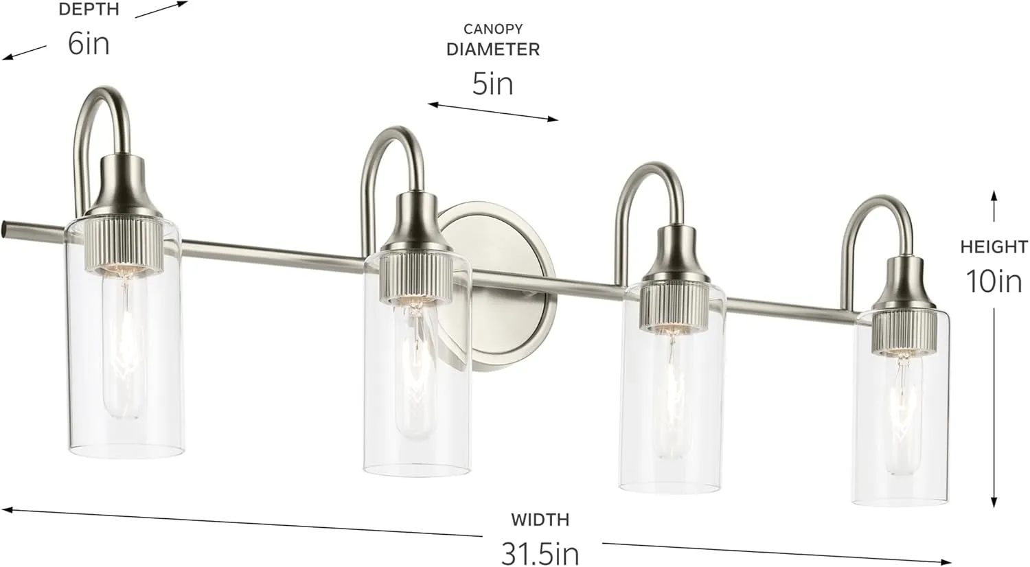 Kichler Kavi 31.5" 4-Light Vanity Light with Clear Glass in Brushed Nickel, Damp Rated, for Bathroom, Powder Room, Over a Mirror, (31.5" W x 10" H), 55212NI