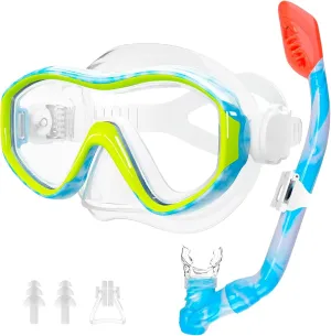 Kids Snorkel Set for Age 5-15 Dry Top Snorkeling Gear for Kids, Diving Mask and Snorkel Set Swimming Goggles with Nose Cover for Kids Youth Boys Girls Junior
