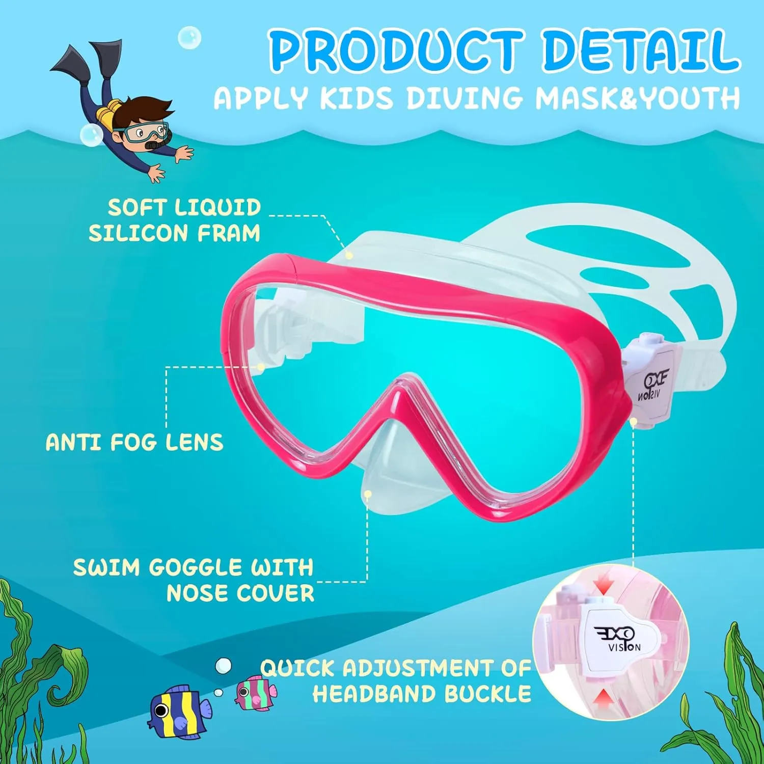 Kids Swim Mask 180° Snorkel Diving Mask, Anti-Fog Child Swim Goggles with Nose Cover No-Leak Swimming Goggles Anti-Shattered Lens for Youth 4-15
