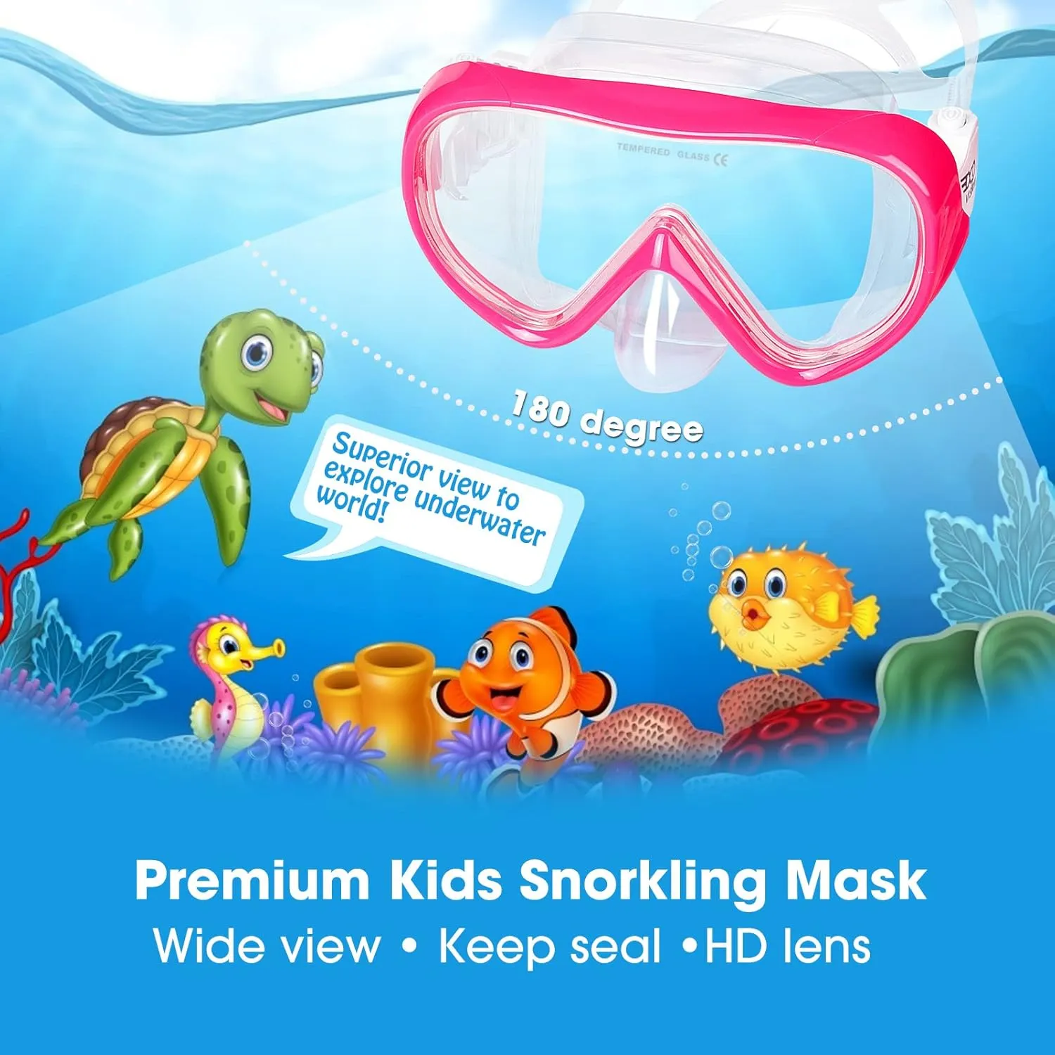 Kids Swim Mask 180° Snorkel Diving Mask, Anti-Fog Child Swim Goggles with Nose Cover No-Leak Swimming Goggles Anti-Shattered Lens for Youth 4-15