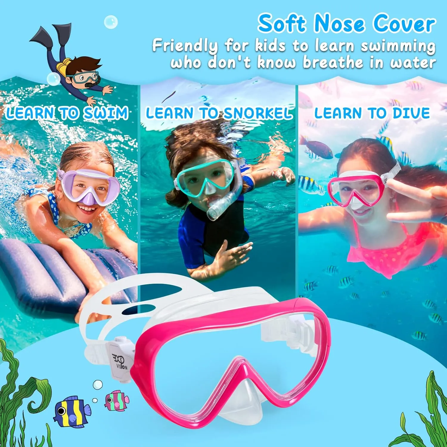 Kids Swim Mask 180° Snorkel Diving Mask, Anti-Fog Child Swim Goggles with Nose Cover No-Leak Swimming Goggles Anti-Shattered Lens for Youth 4-15