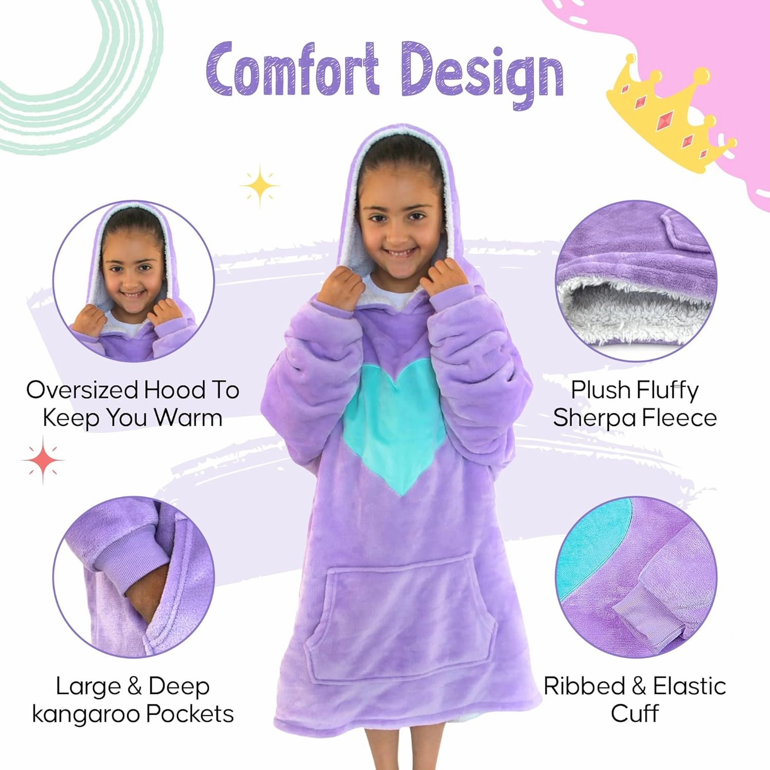 Kids Wearable Blanket Hoodie - Oversized Snuggie for Kids - Hooded Sweatshirt Blanket for Girls - One Size Fits All - Lavender