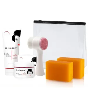 Kojie San Face & Body Complete Brightening Mini Set - 65 Gram x 2 Bars Soap, Body Lotion, Face Cream, and Facial Cleansing Brush